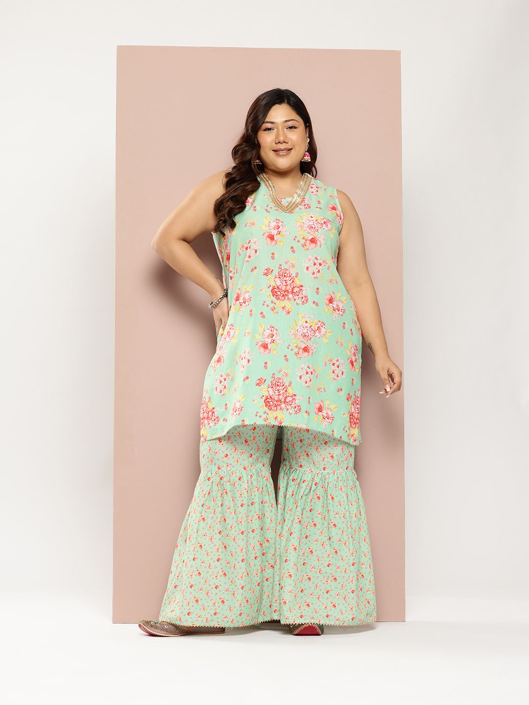 Sztori Plus Size Floral Printed Gotta Patti Pure Cotton Kurta with Sharara - Distacart