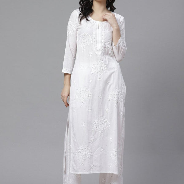 ADA Women White Chikankari Embroidered Sustainable Kurta with Palazzos - Distacart