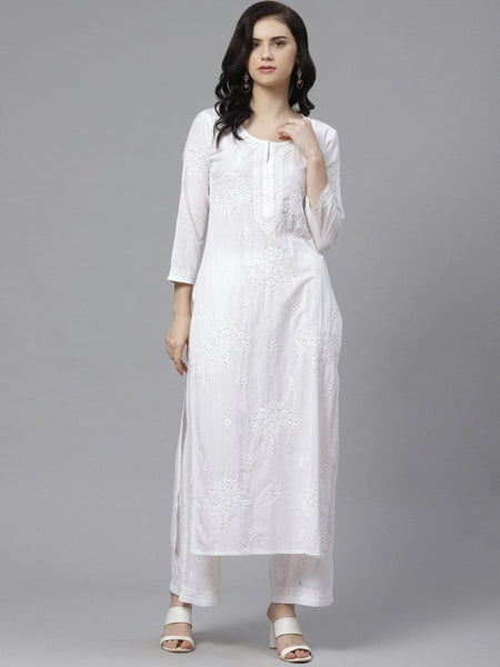 ADA Women White Chikankari Embroidered Sustainable Kurta with Palazzos - Distacart