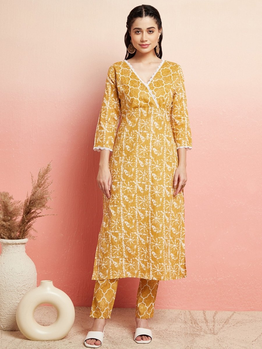 Aks Abstract Printed V-Neck Pure Cotton Kurta with Trousers - Distacart