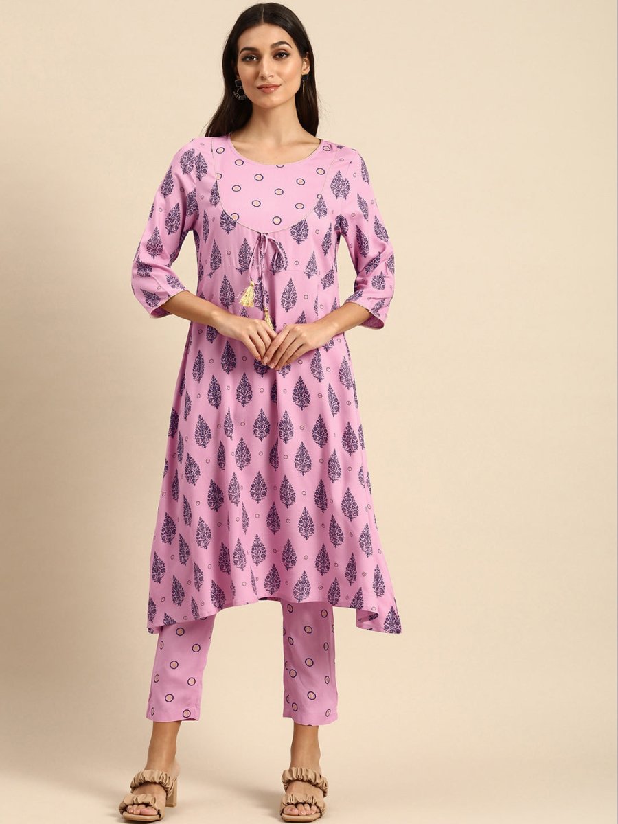 All About You Women Pink Ethnic Motifs Printed Empire Kurta with Trousers - Distacart