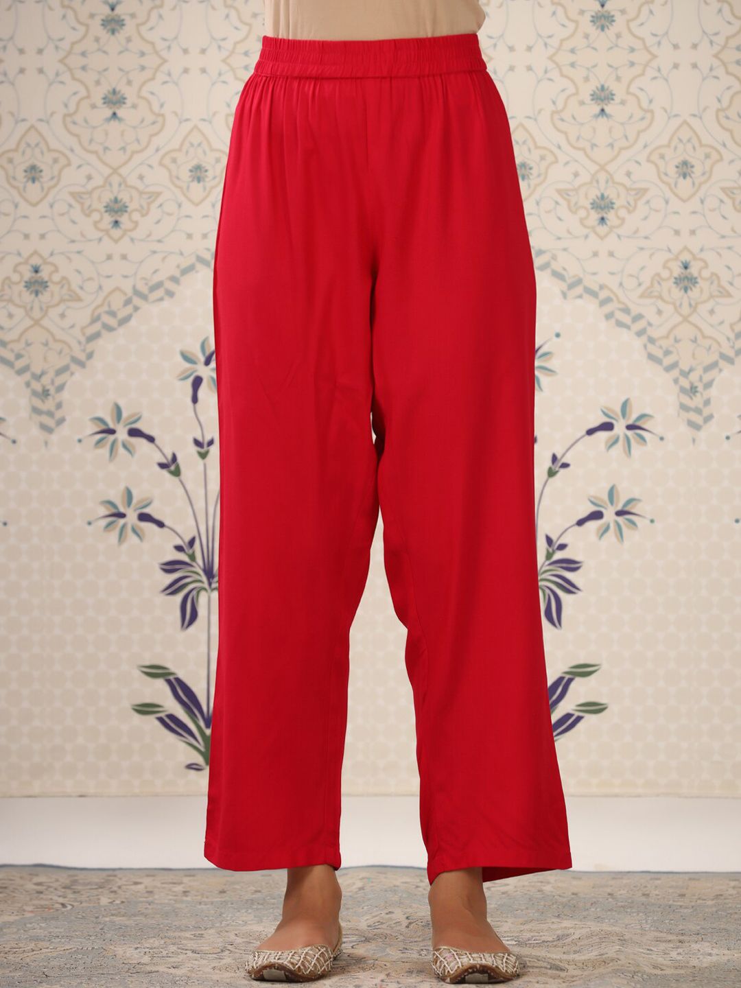 Ode by House of Pataudi Grey & Red Floral Printed Notched Neck Kurta With Palazzos - Distacart