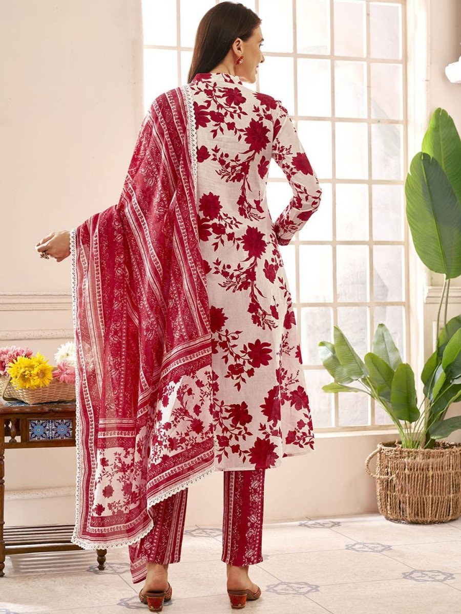 Anouk Women Floral Printed Pleated Pure Cotton Kurta with Trousers & With Dupatta