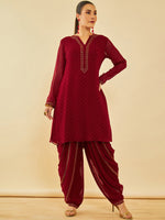 Thumbnail for Soch Red Ethnic Motifs Yoke Design Beads and Stones Georgette Kurta With Salwar & Dupatta - Distacart