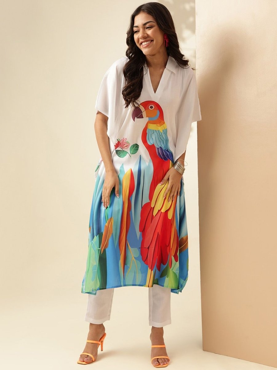 Anouk White Animal Printed Angrakha Kurta With Trousers - Distacart