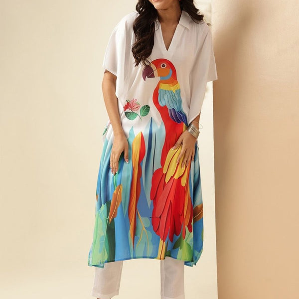 Anouk White Animal Printed Angrakha Kurta With Trousers - Distacart