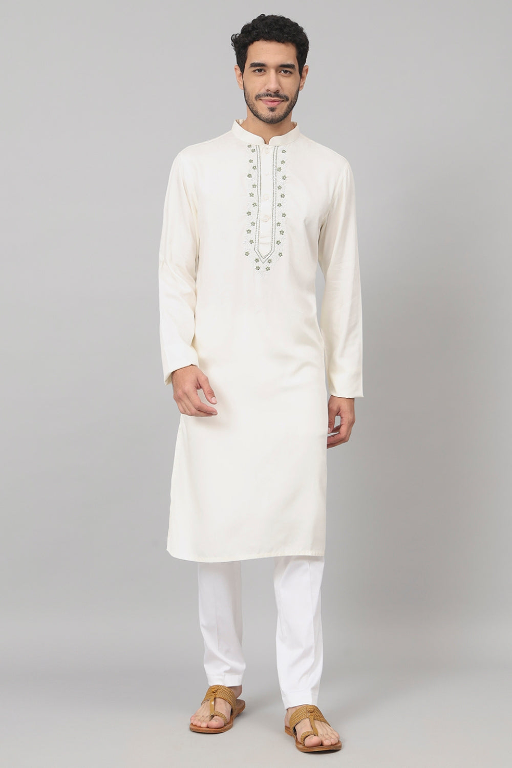 Floral Neckline Embroidered Cotton Kurta by Hilo Design - Distacart