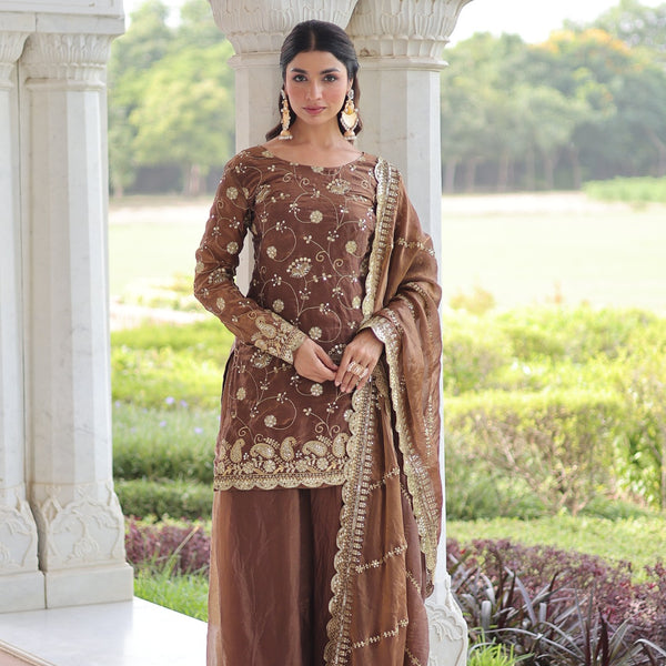 Lorenvalley Fashion Brown Fendy Satin with Rich Sequins Embroidered work Kurta Pant with Dupatta - Distacart