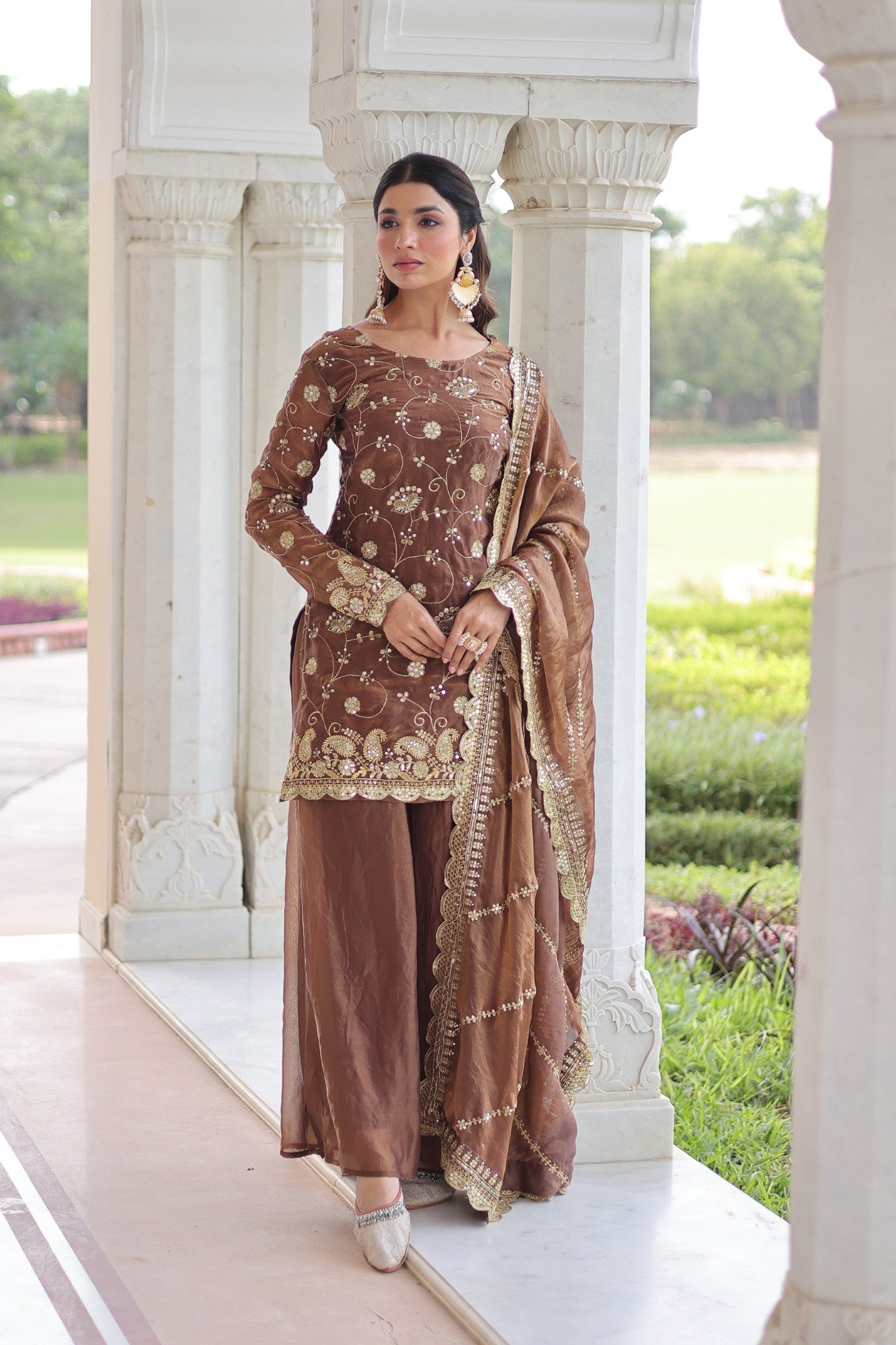 Lorenvalley Fashion Brown Fendy Satin with Rich Sequins Embroidered work Kurta Pant with Dupatta - Distacart