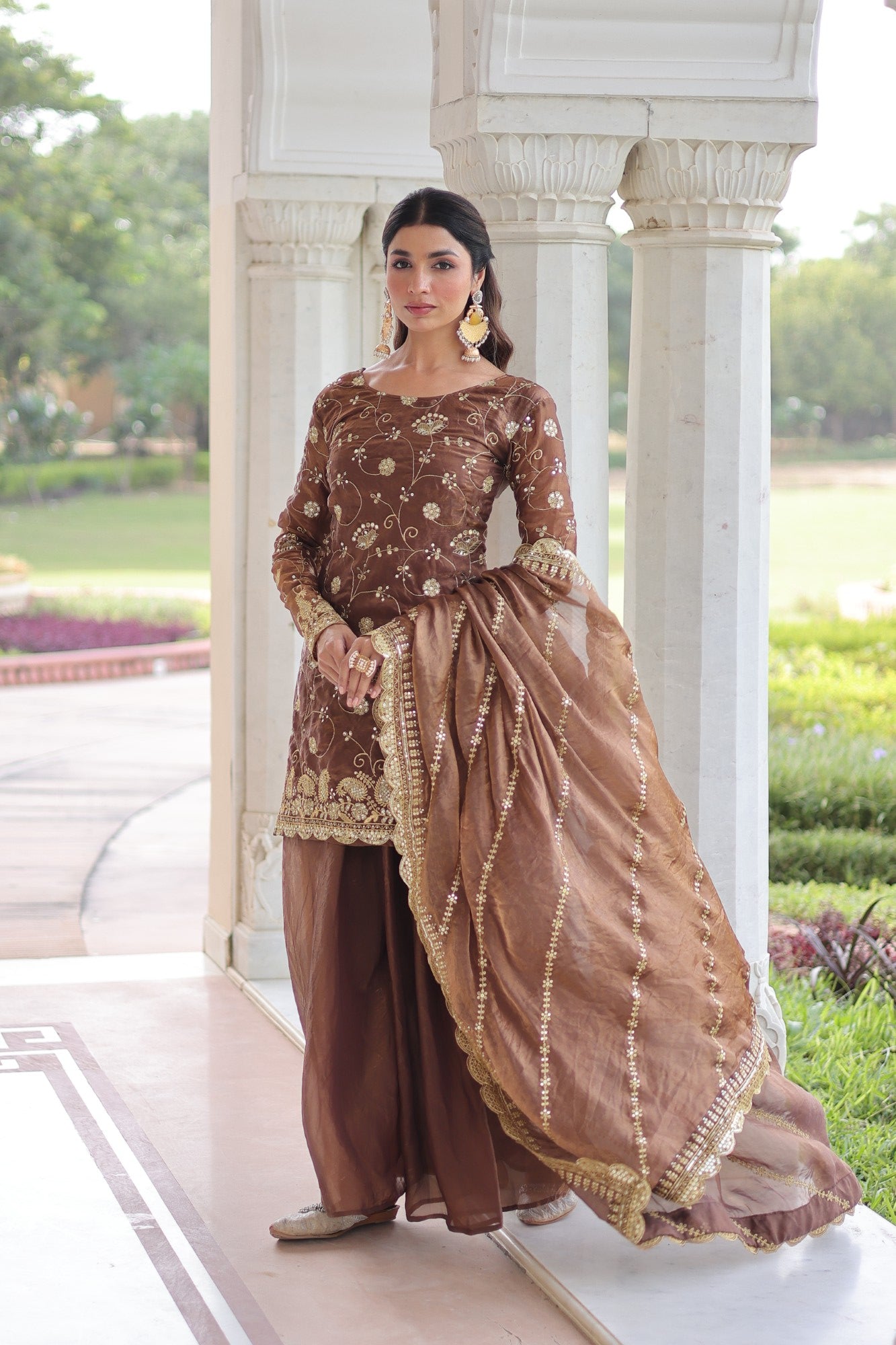 Lorenvalley Fashion Brown Fendy Satin with Rich Sequins Embroidered work Kurta Pant with Dupatta - Distacart
