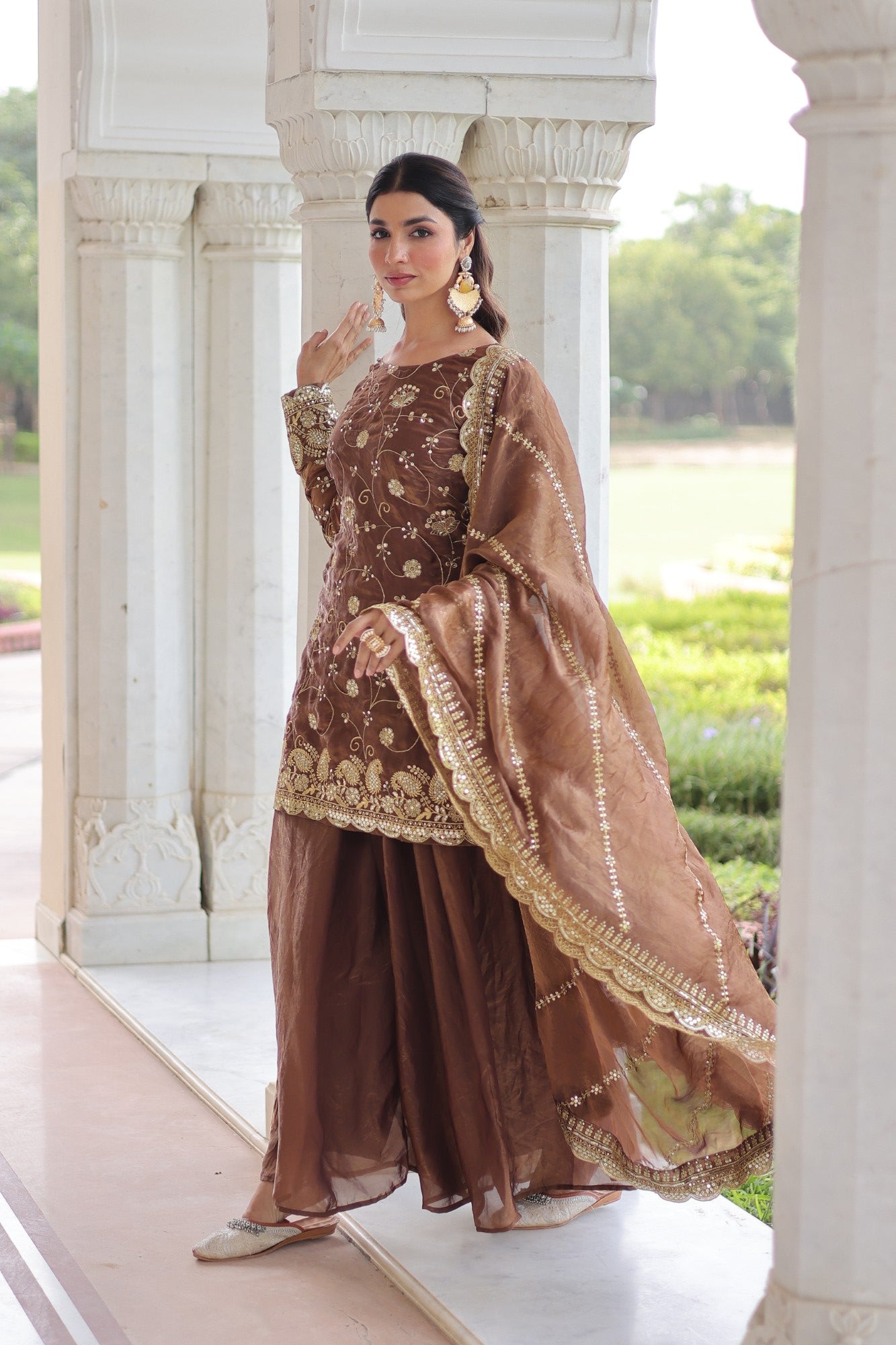 Lorenvalley Fashion Brown Fendy Satin with Rich Sequins Embroidered work Kurta Pant with Dupatta - Distacart