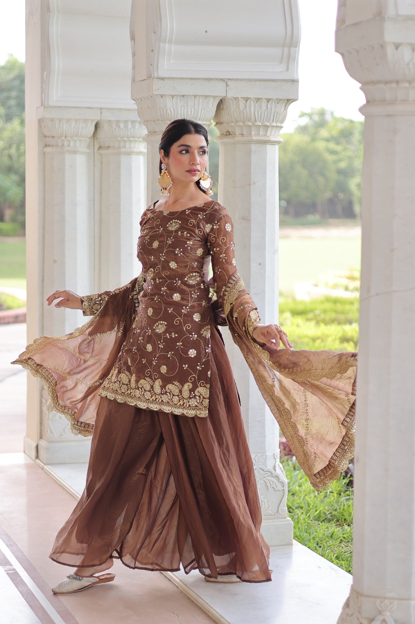 Lorenvalley Fashion Brown Fendy Satin with Rich Sequins Embroidered work Kurta Pant with Dupatta - Distacart
