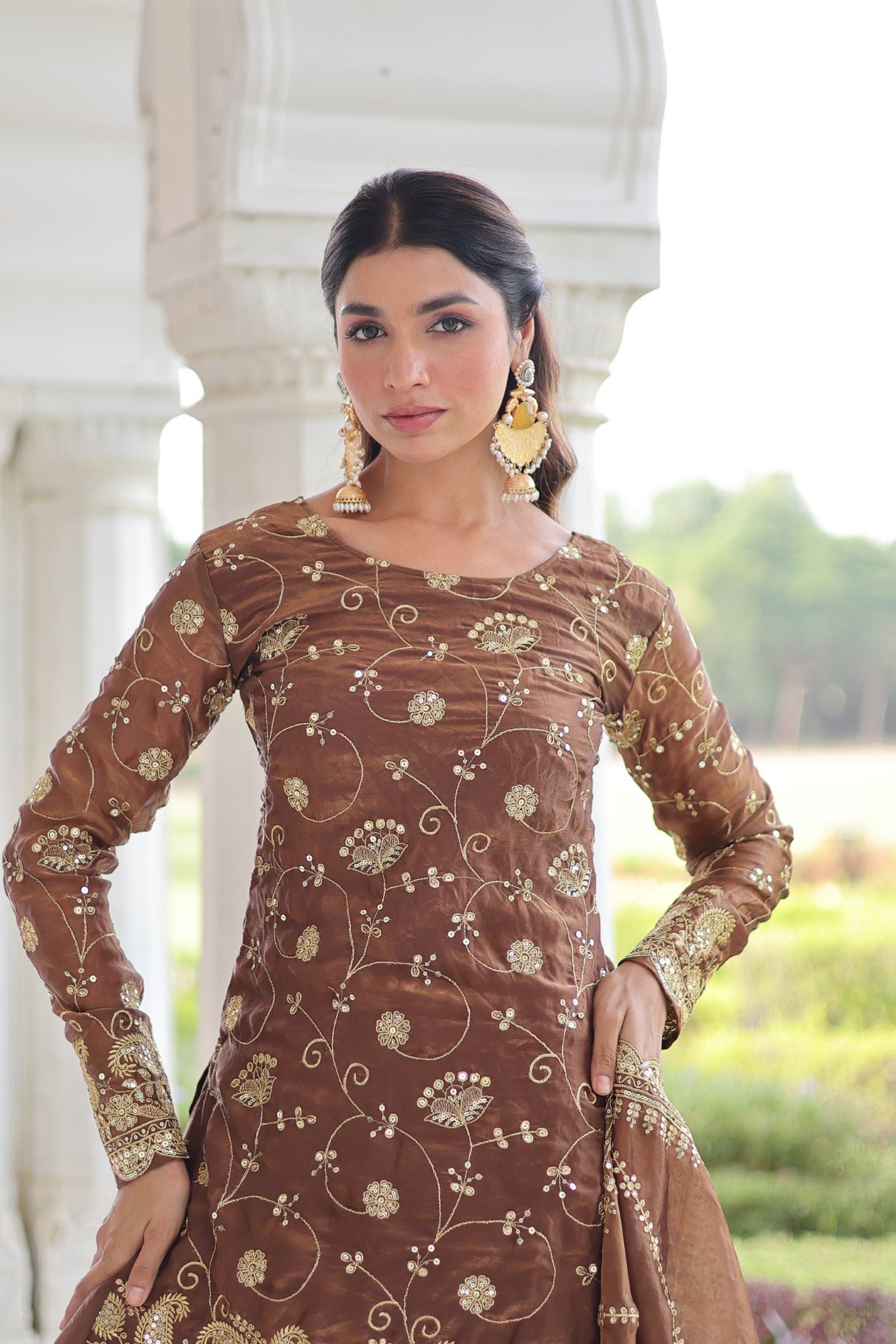 Lorenvalley Fashion Brown Fendy Satin with Rich Sequins Embroidered work Kurta Pant with Dupatta - Distacart