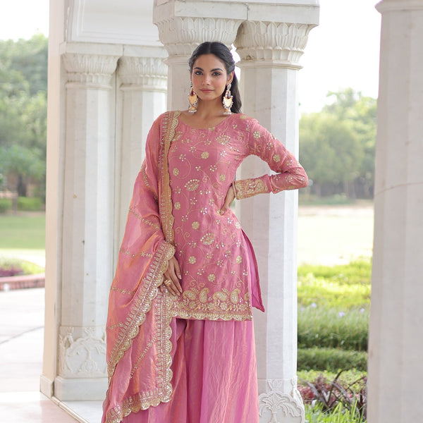 Lorenvalley Fashion Pink Fendy Satin with Rich Sequins Embroidered work Kurta Pant with Dupatta - Distacart