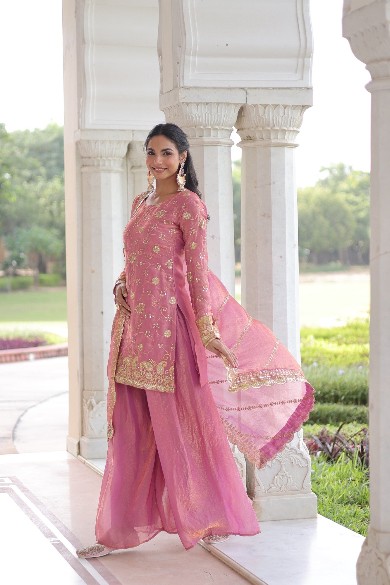 Lorenvalley Fashion Pink Fendy Satin with Rich Sequins Embroidered work Kurta Pant with Dupatta - Distacart