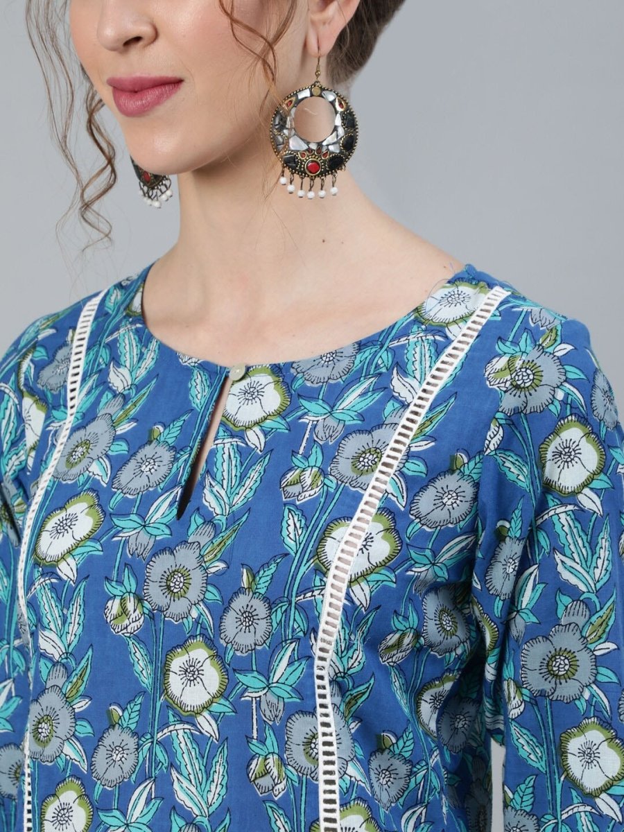 Aks Floral Printed Keyhole Neck Pure Cotton Kurta With Palazzos - Distacart