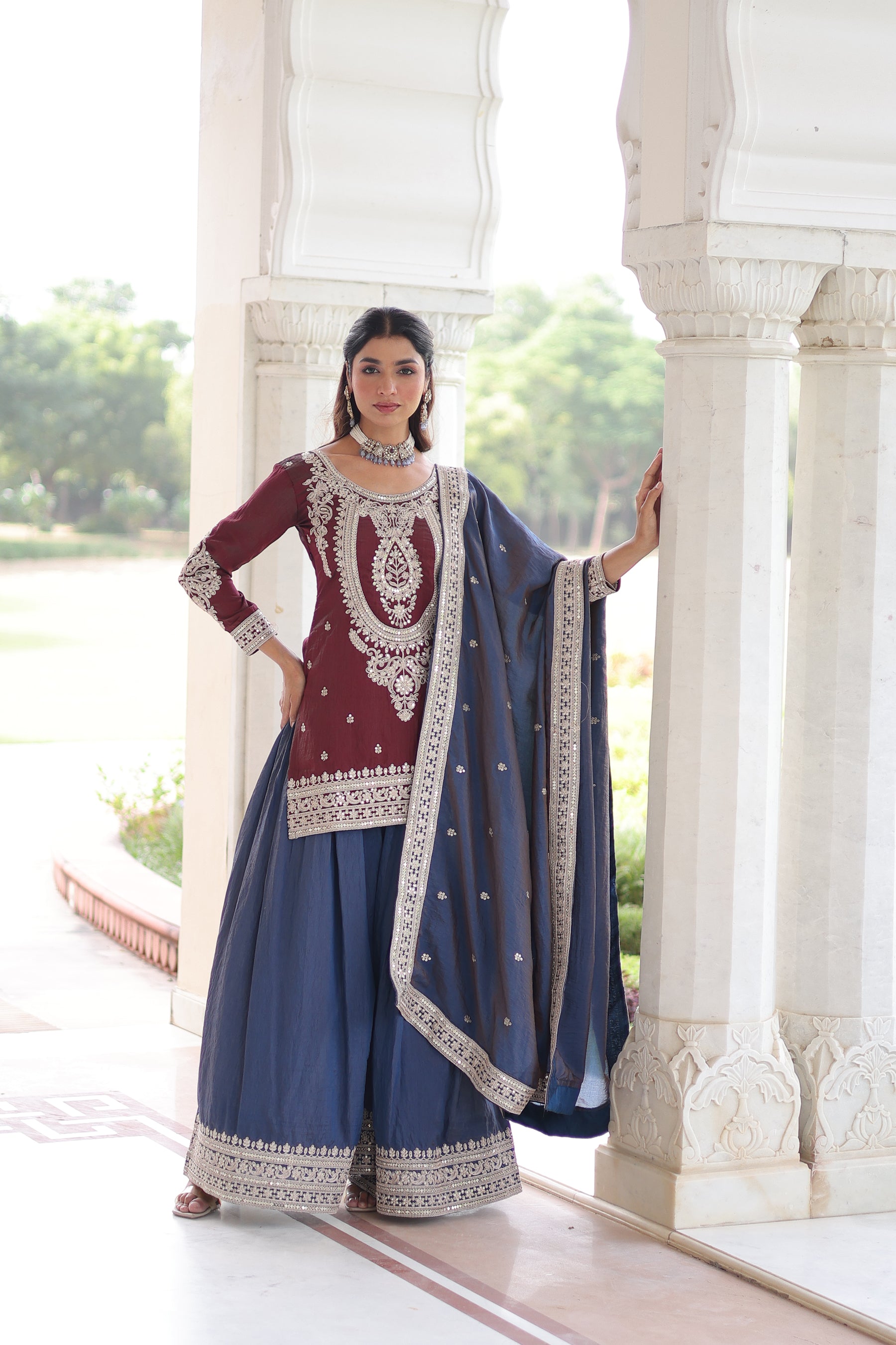 Lorenvalley Fashion Maroon NC Silk With Sequins and Coding Embroidered work Kurta Sharara with Dupatta
