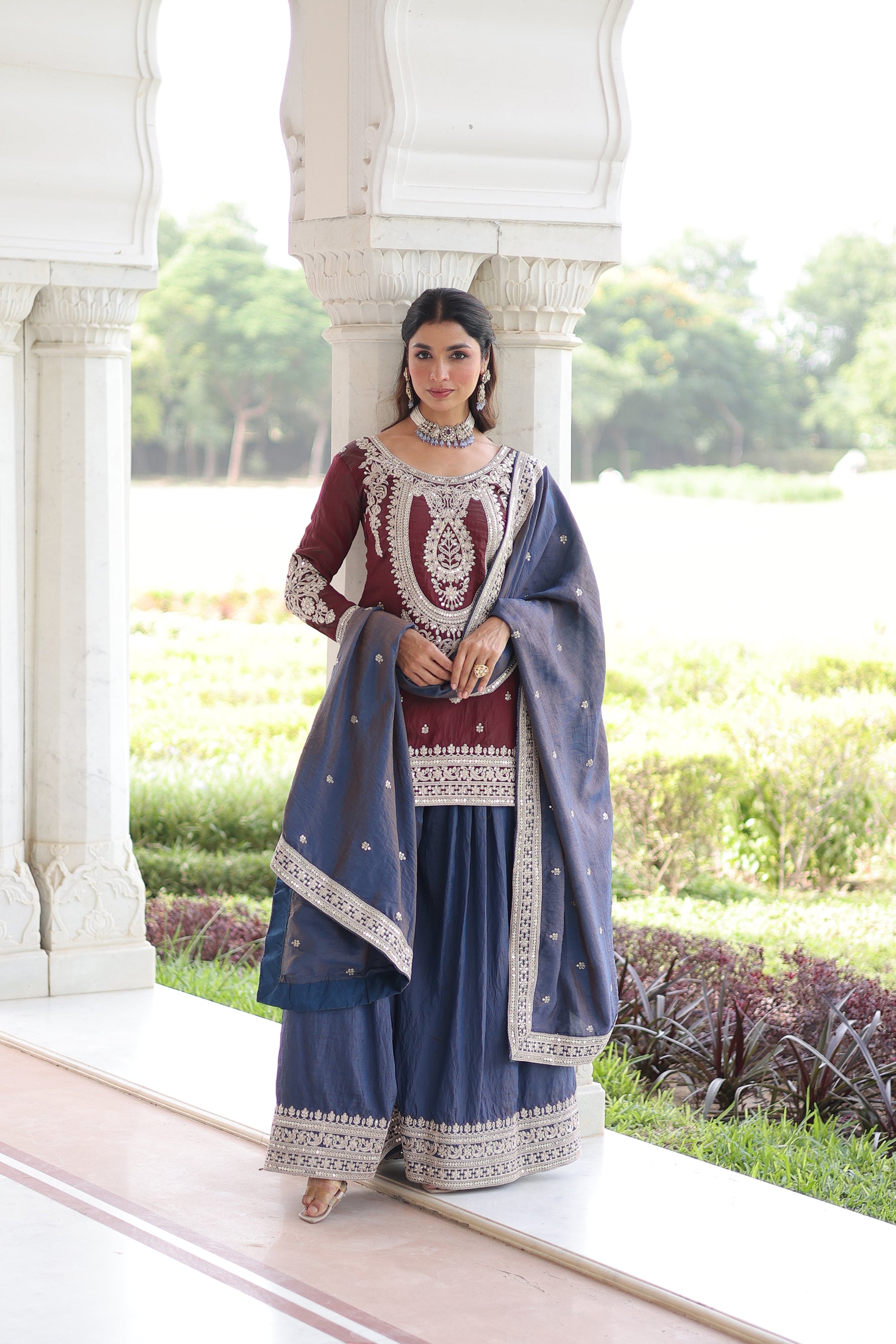 Lorenvalley Fashion Maroon NC Silk With Sequins and Coding Embroidered work Kurta Sharara with Dupatta - Distacart