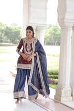 Thumbnail for Lorenvalley Fashion Maroon NC Silk With Sequins and Coding Embroidered work Kurta Sharara with Dupatta - Distacart