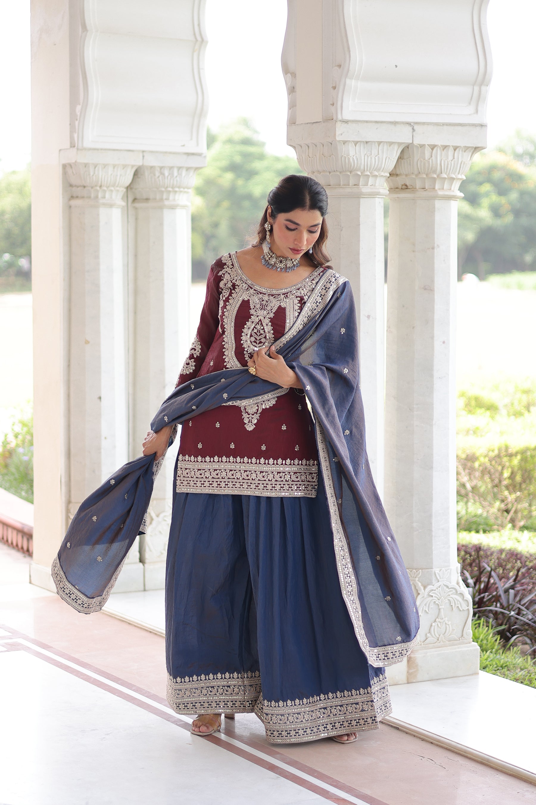 Lorenvalley Fashion Maroon NC Silk With Sequins and Coding Embroidered work Kurta Sharara with Dupatta - Distacart