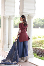 Thumbnail for Lorenvalley Fashion Maroon NC Silk With Sequins and Coding Embroidered work Kurta Sharara with Dupatta - Distacart