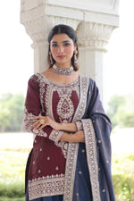 Thumbnail for Lorenvalley Fashion Maroon NC Silk With Sequins and Coding Embroidered work Kurta Sharara with Dupatta - Distacart