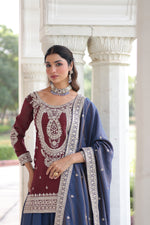 Thumbnail for Lorenvalley Fashion Maroon NC Silk With Sequins and Coding Embroidered work Kurta Sharara with Dupatta - Distacart