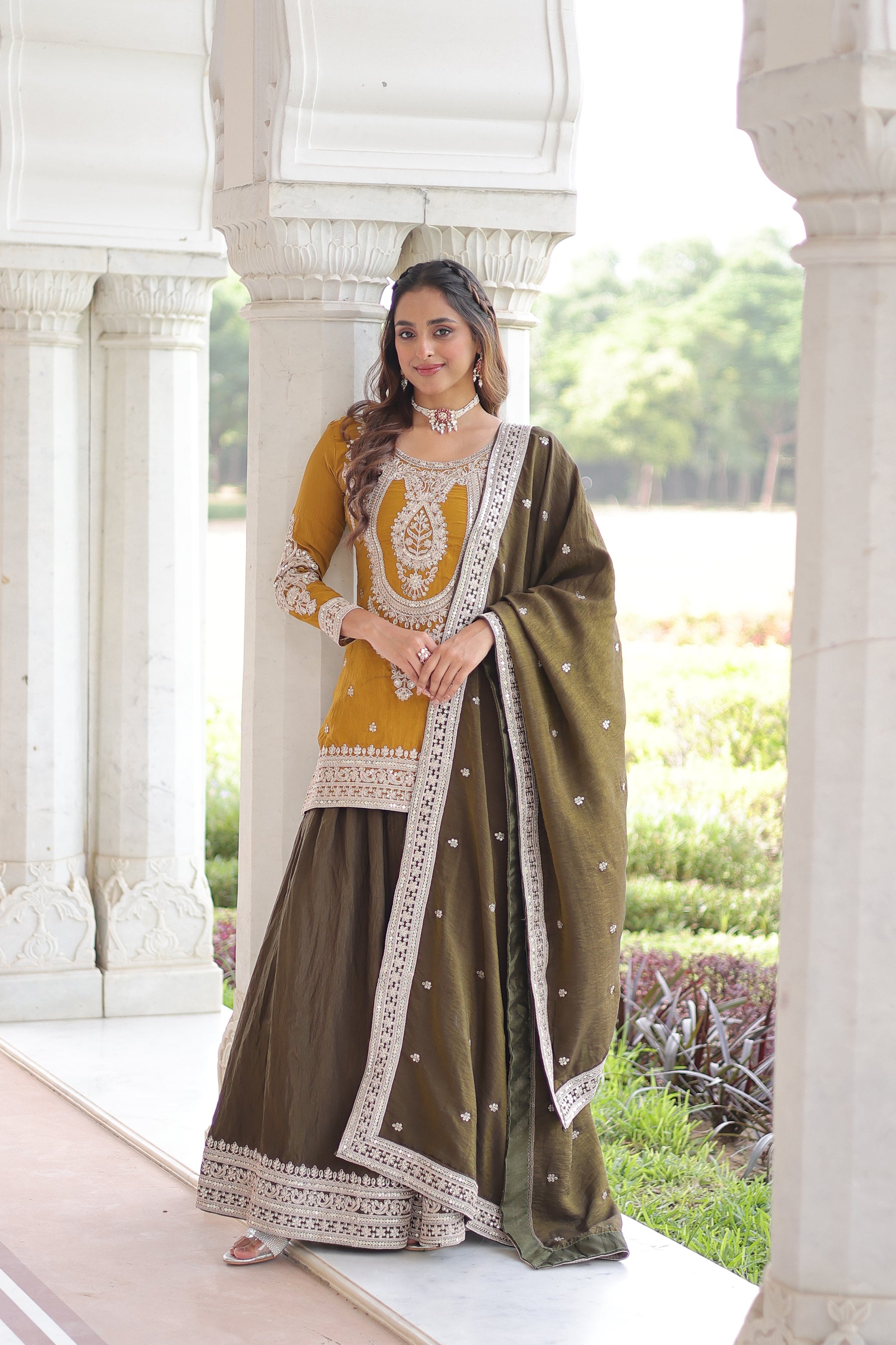Lorenvalley Fashion Yellow NC Silk With Sequins and Coding Embroidered work Kurta Sharara with Dupatta