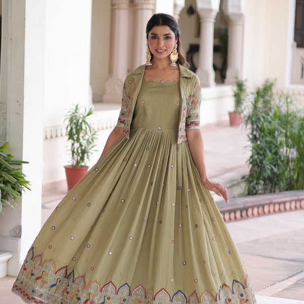 Lorenvalley Fashion Pista Vichitra Silk with Sequins, Zari & Thread Embroidered work Gown with Koti