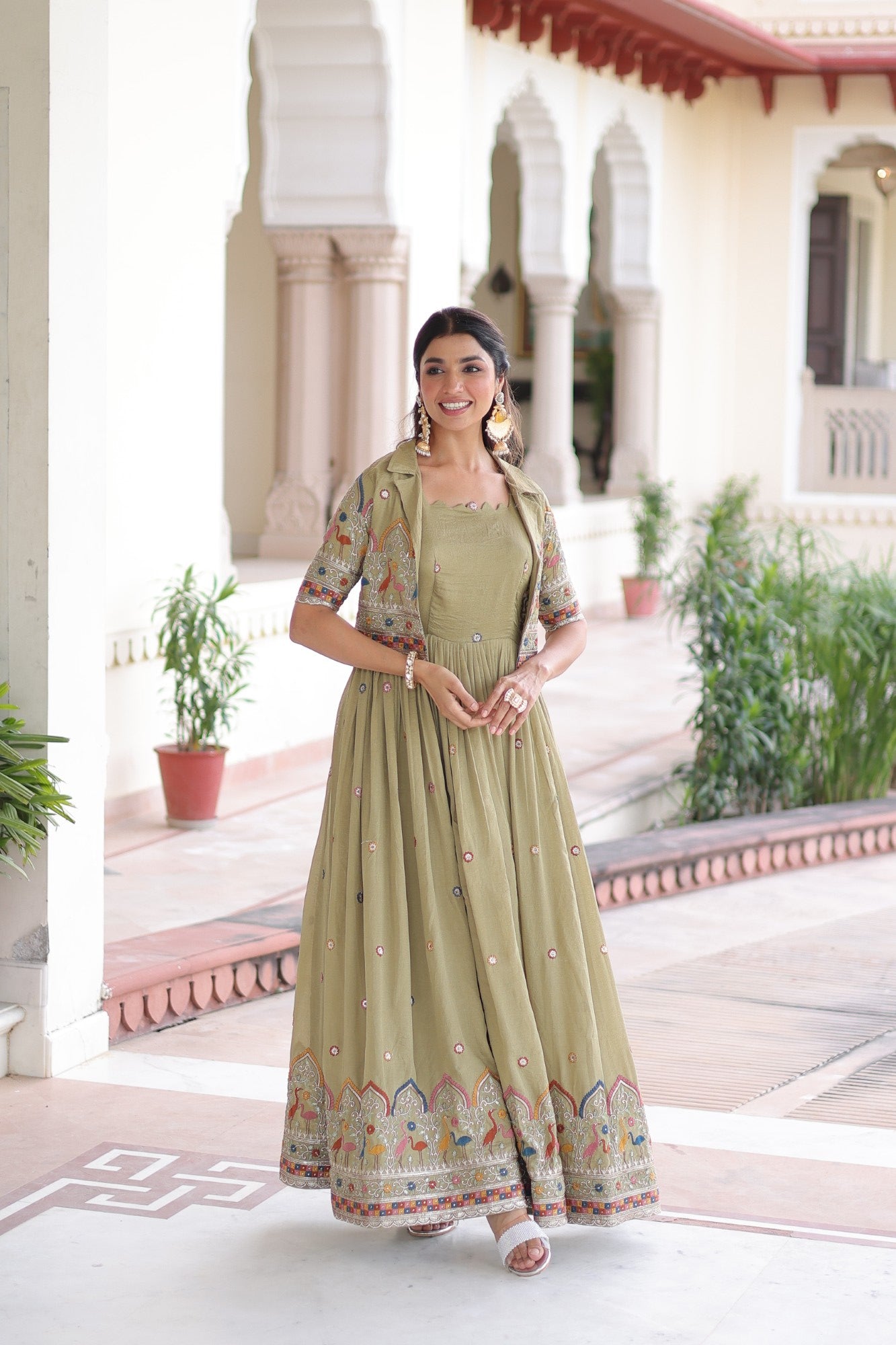 Lorenvalley Fashion Pista Vichitra Silk with Sequins, Zari & Thread Embroidered work Gown with Koti - Distacart