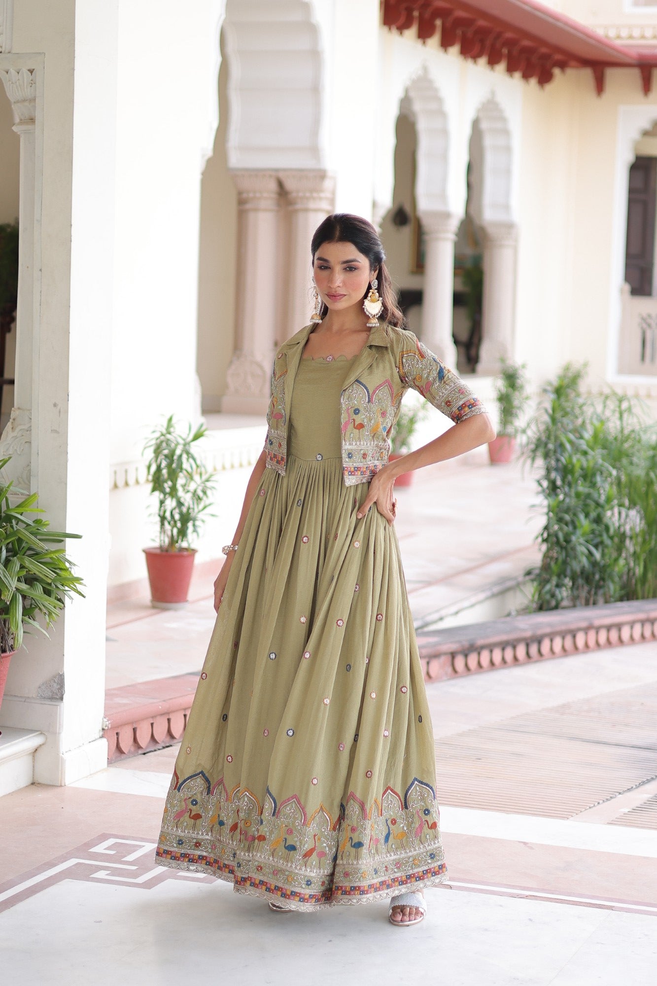 Lorenvalley Fashion Pista Vichitra Silk with Sequins, Zari & Thread Embroidered work Gown with Koti