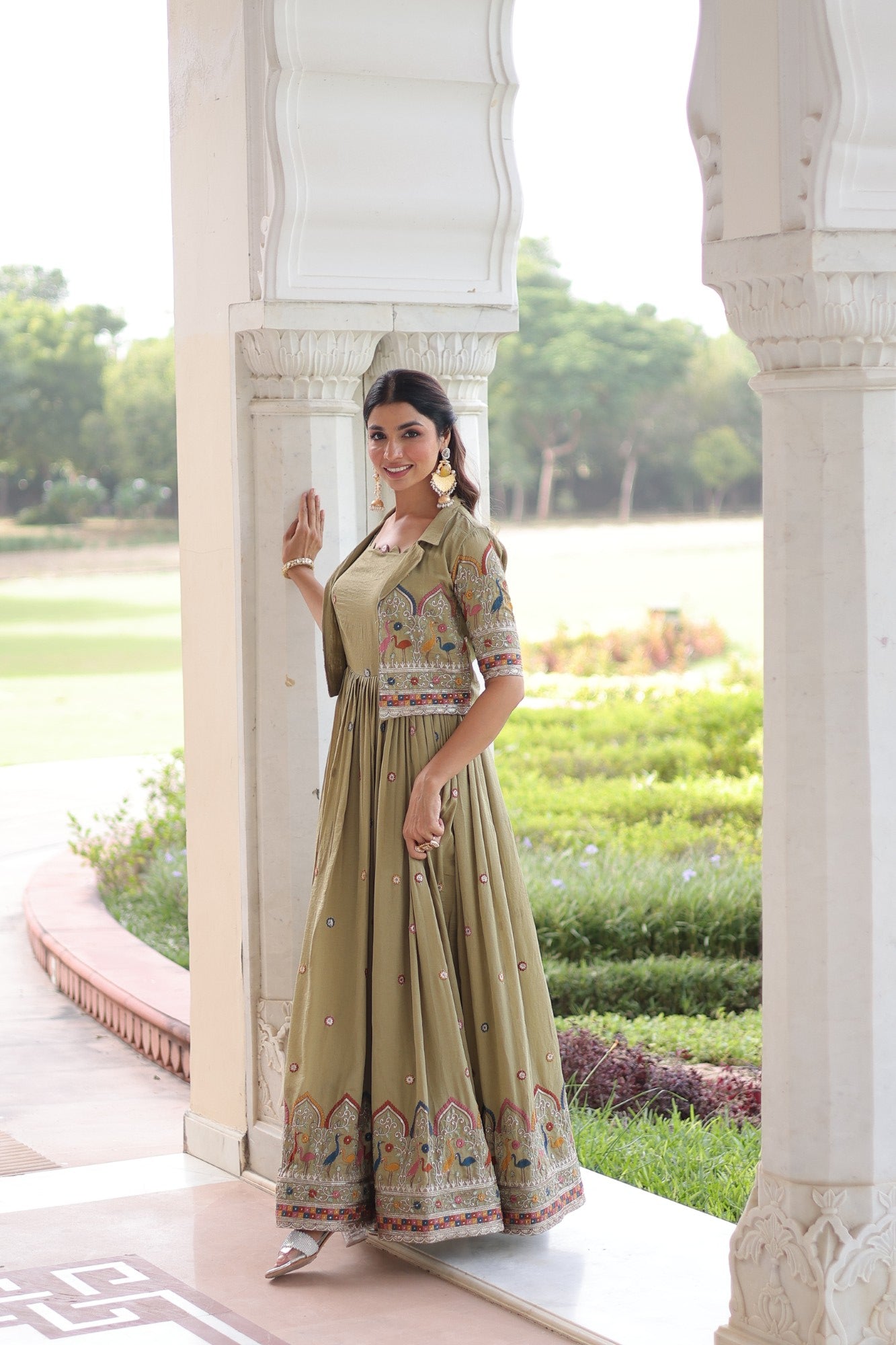 Lorenvalley Fashion Pista Vichitra Silk with Sequins, Zari & Thread Embroidered work Gown with Koti