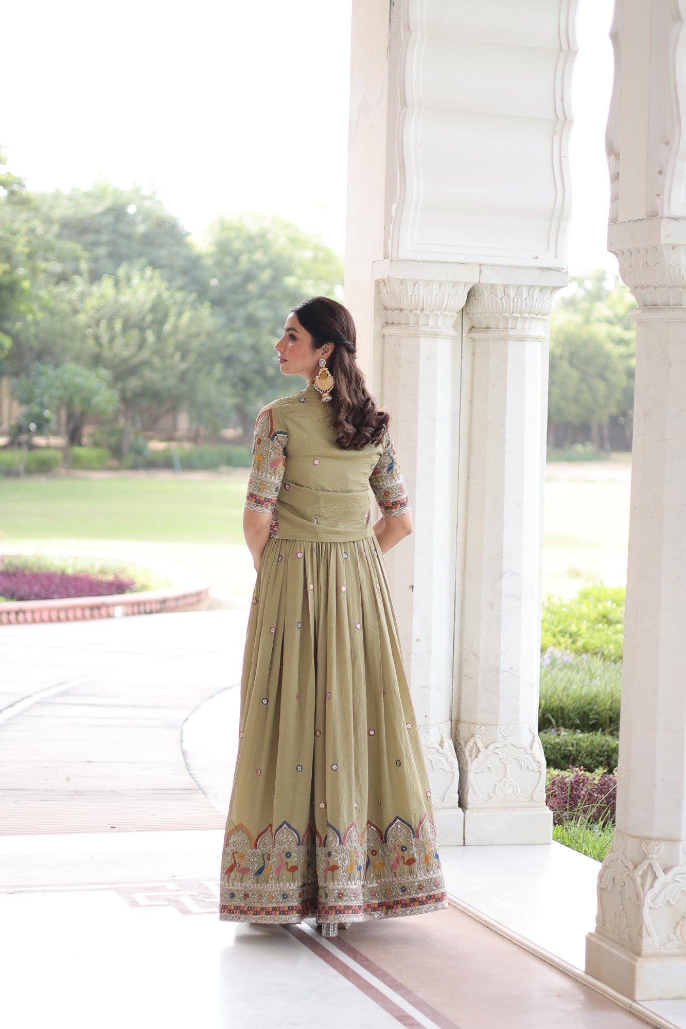 Lorenvalley Fashion Pista Vichitra Silk with Sequins, Zari & Thread Embroidered work Gown with Koti