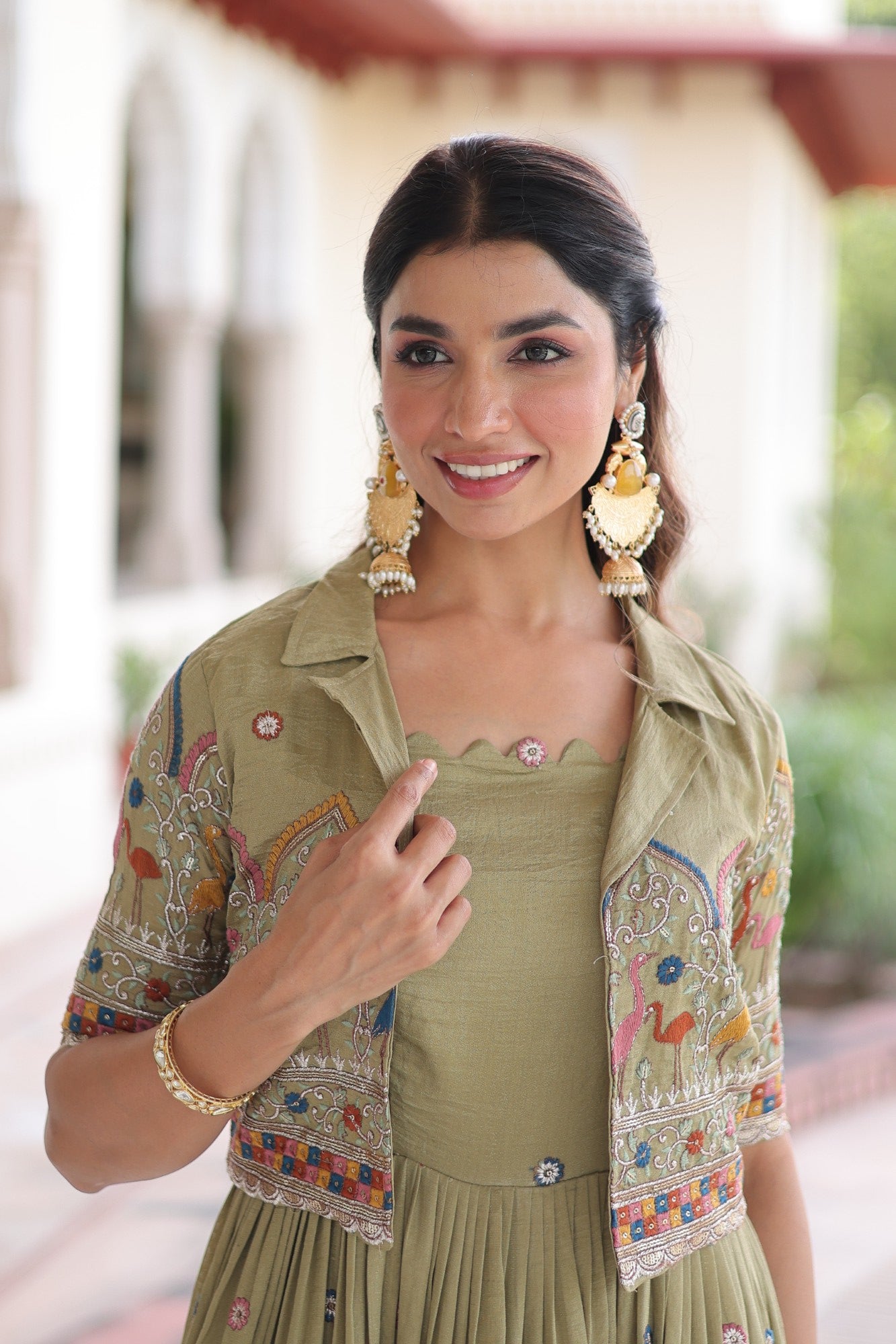 Lorenvalley Fashion Pista Vichitra Silk with Sequins, Zari & Thread Embroidered work Gown with Koti