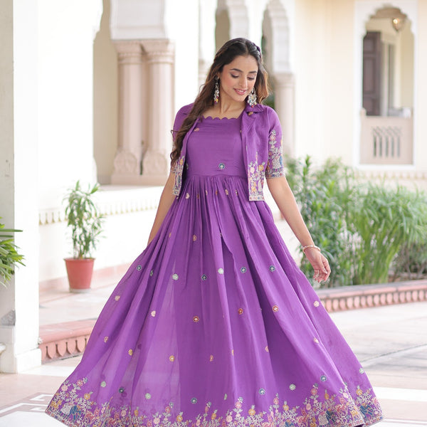 Lorenvalley Fashion Purple Vichitra Silk with Sequins, Zari & Thread Embroidered work Gown with Koti