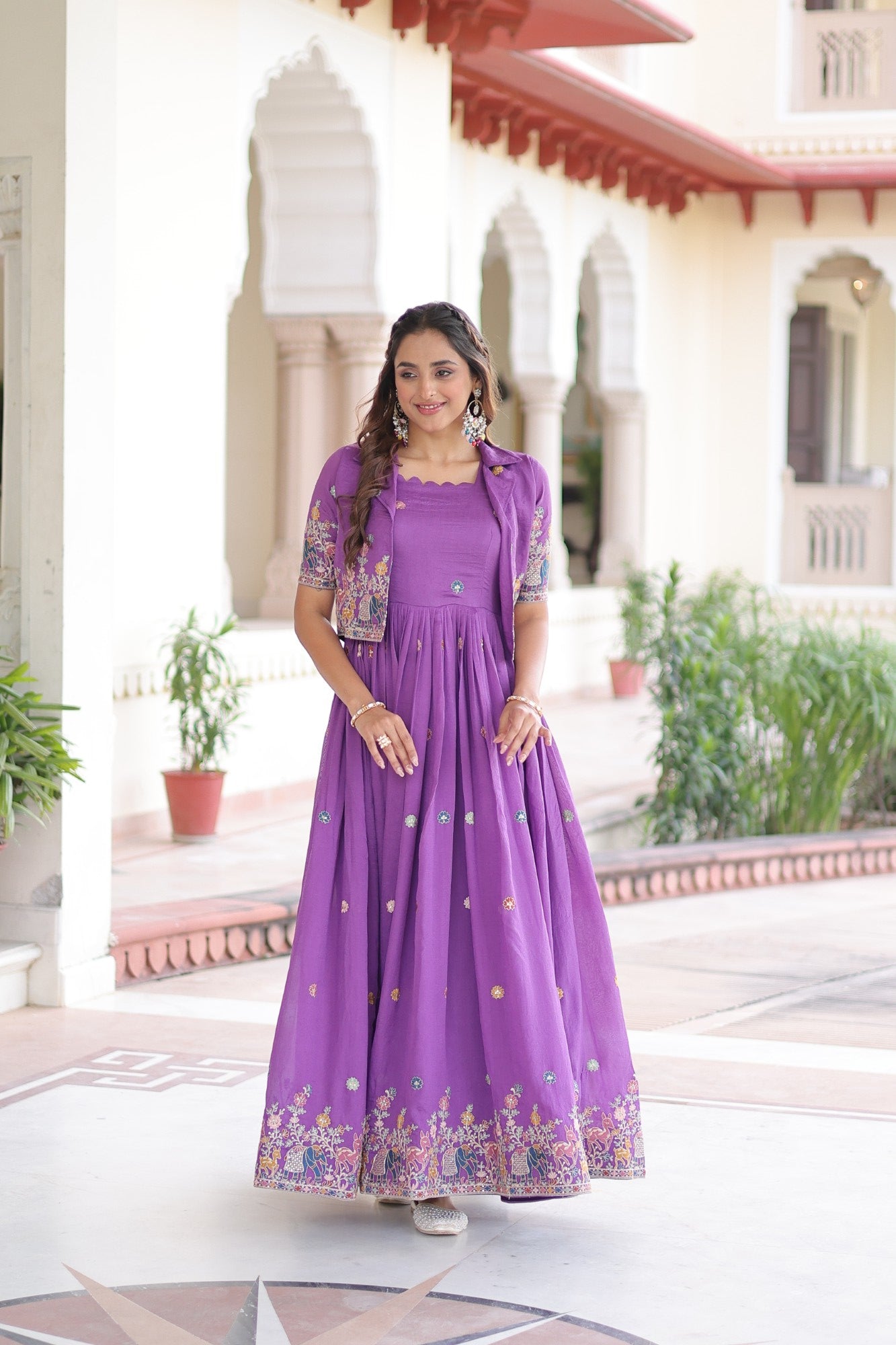 Lorenvalley Fashion Purple Vichitra Silk with Sequins, Zari & Thread Embroidered work Gown with Koti - Distacart