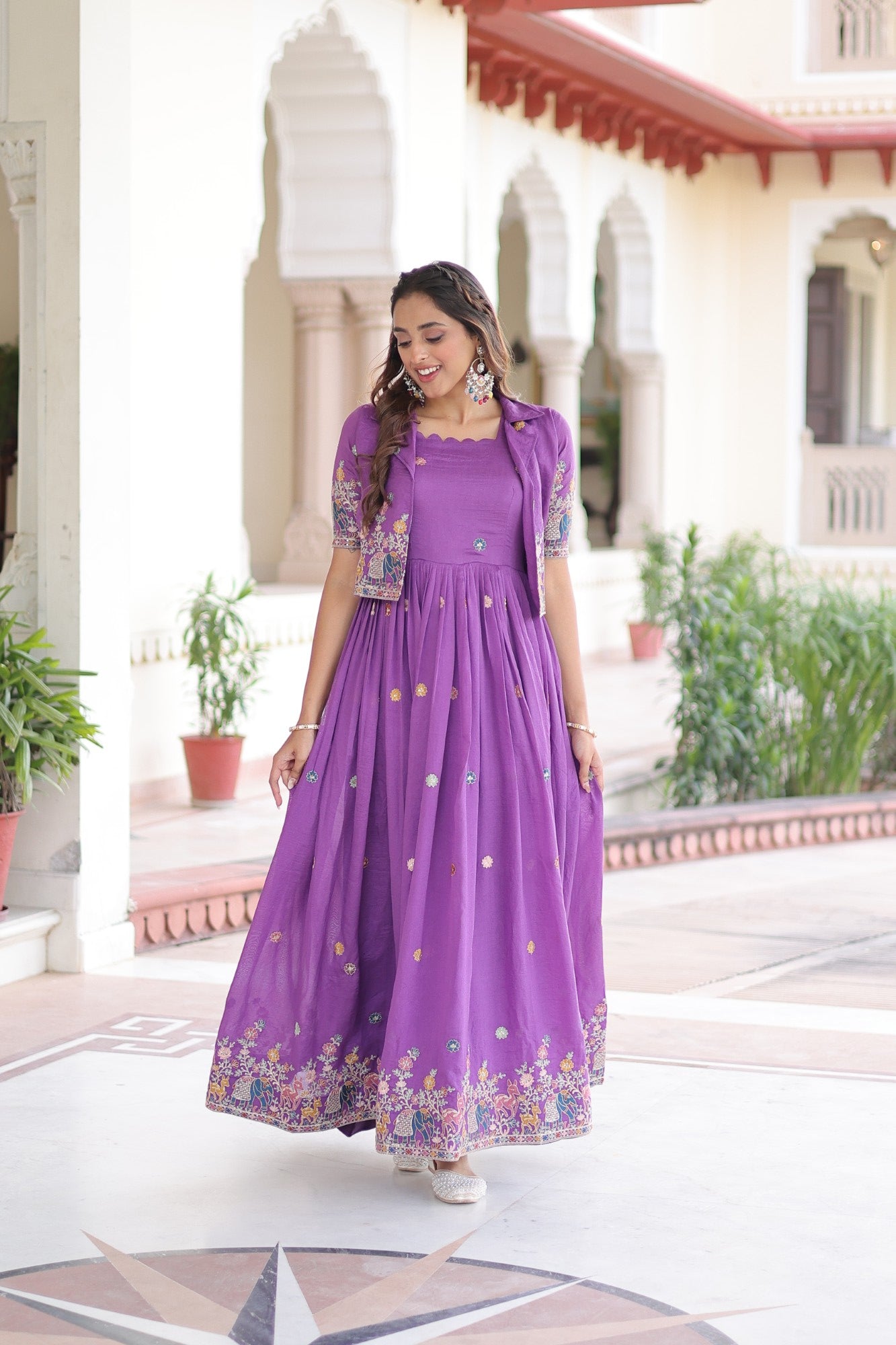 Lorenvalley Fashion Purple Vichitra Silk with Sequins, Zari & Thread Embroidered work Gown with Koti