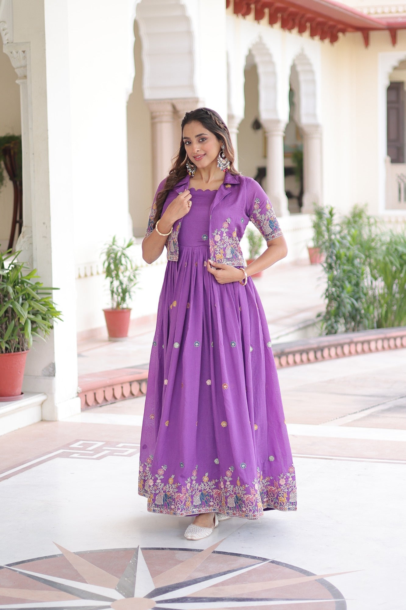 Lorenvalley Fashion Purple Vichitra Silk with Sequins, Zari & Thread Embroidered work Gown with Koti