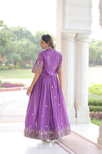 Thumbnail for Lorenvalley Fashion Purple Vichitra Silk with Sequins, Zari & Thread Embroidered work Gown with Koti