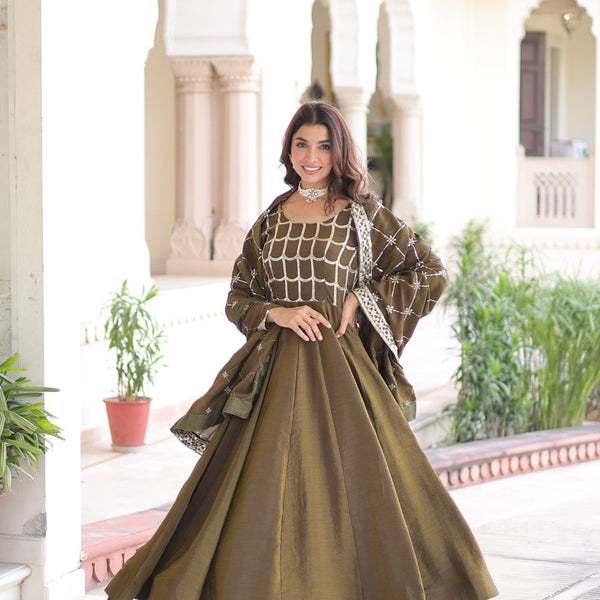 Lorenvalley Fashion Mehendi Vichitra Silk with Rich Sequins & Zari Embroidered work Anarkali Gown with Dupatta - Distacart