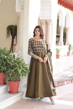 Thumbnail for Lorenvalley Fashion Mehendi Vichitra Silk with Rich Sequins & Zari Embroidered work Anarkali Gown with Dupatta - Distacart