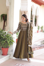 Thumbnail for Lorenvalley Fashion Mehendi Vichitra Silk with Rich Sequins & Zari Embroidered work Anarkali Gown with Dupatta - Distacart