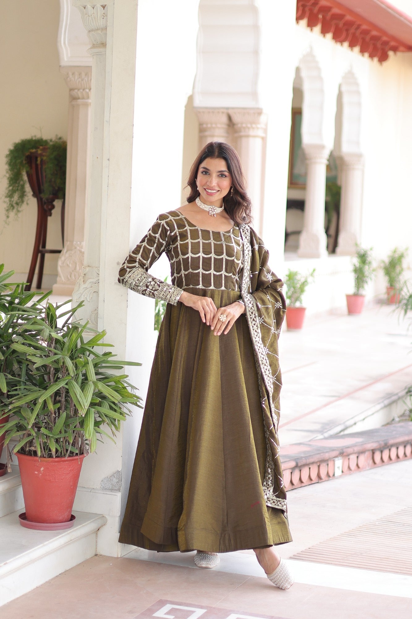 Lorenvalley Fashion Mehendi Vichitra Silk with Rich Sequins & Zari Embroidered work Anarkali Gown with Dupatta - Distacart