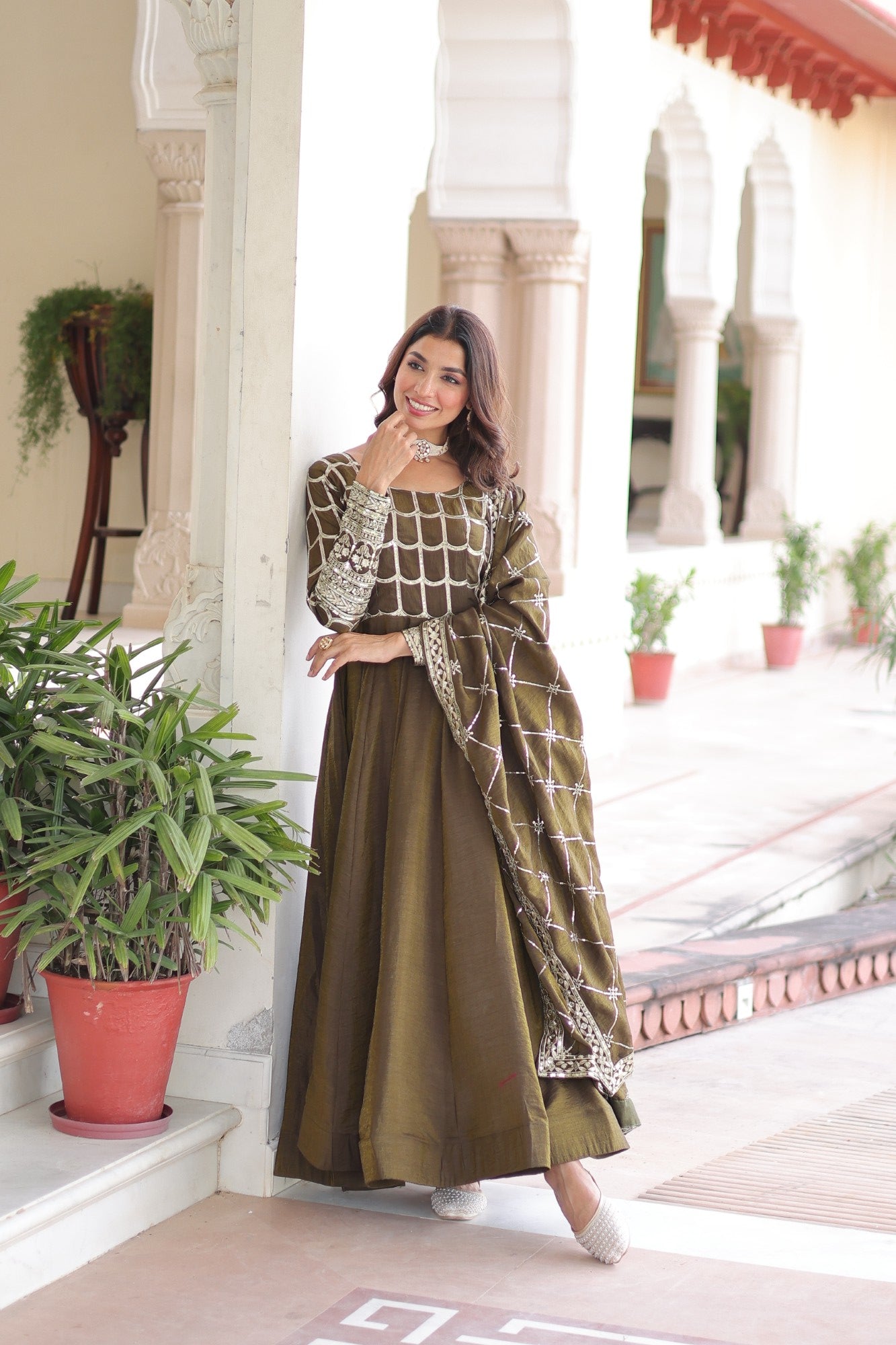 Lorenvalley Fashion Mehendi Vichitra Silk with Rich Sequins & Zari Embroidered work Anarkali Gown with Dupatta - Distacart