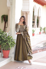 Thumbnail for Lorenvalley Fashion Mehendi Vichitra Silk with Rich Sequins & Zari Embroidered work Anarkali Gown with Dupatta - Distacart