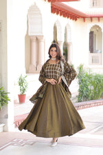 Thumbnail for Lorenvalley Fashion Mehendi Vichitra Silk with Rich Sequins & Zari Embroidered work Anarkali Gown with Dupatta - Distacart