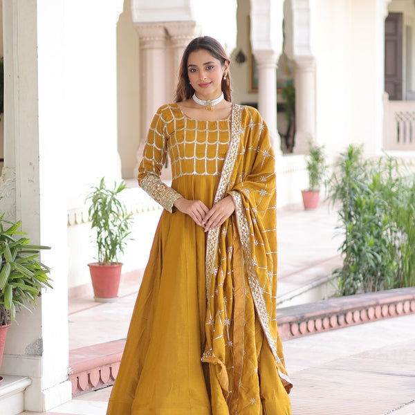 Lorenvalley Fashion Mustard Vichitra Silk with Rich Sequins & Zari Embroidered work Anarkali Gown with Dupatta - Distacart