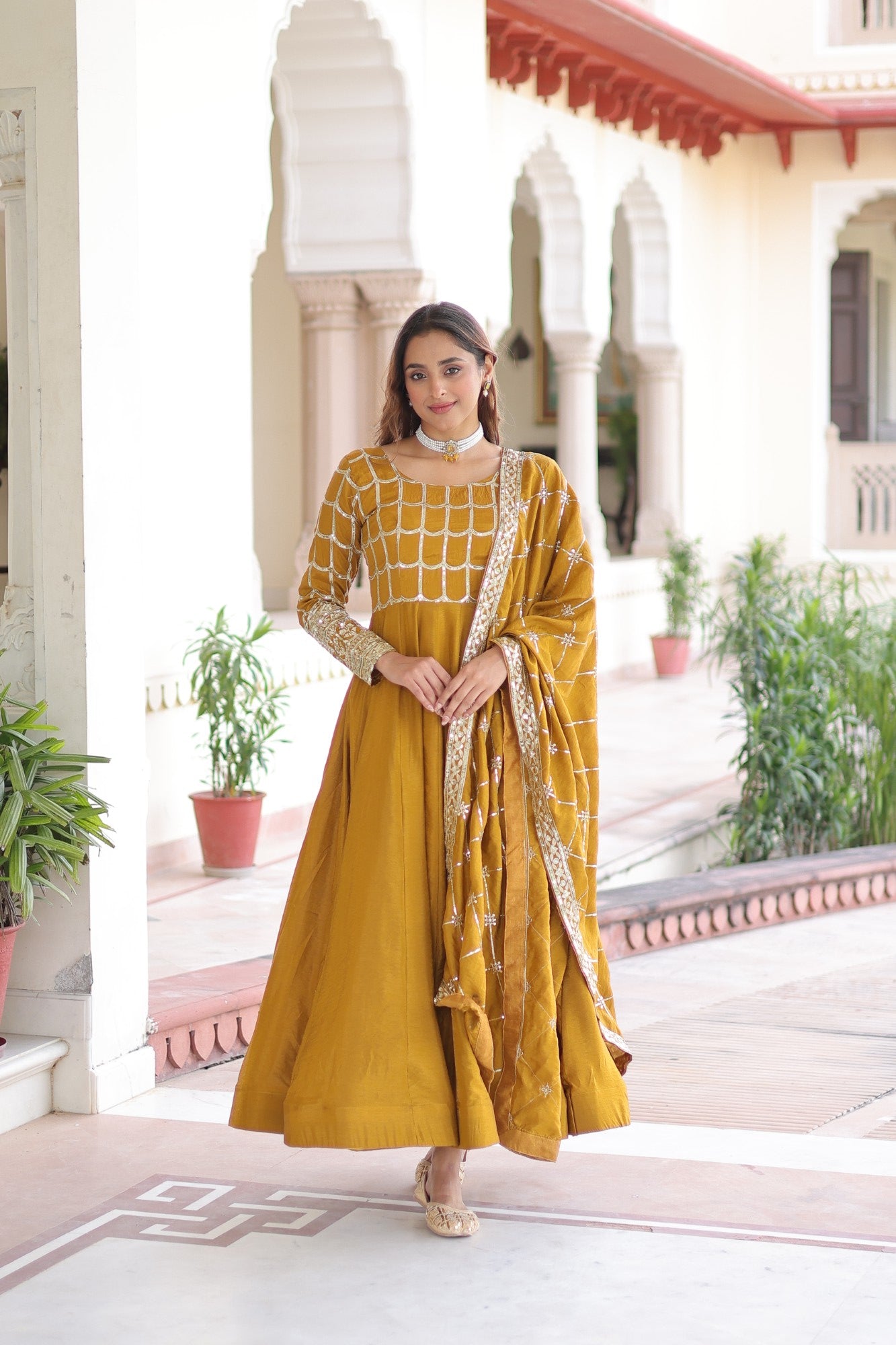 Lorenvalley Fashion Mustard Vichitra Silk with Rich Sequins & Zari Embroidered work Anarkali Gown with Dupatta - Distacart