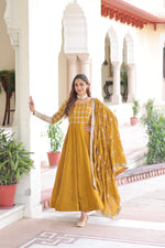 Thumbnail for Lorenvalley Fashion Mustard Vichitra Silk with Rich Sequins & Zari Embroidered work Anarkali Gown with Dupatta - Distacart