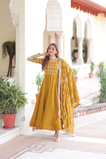 Thumbnail for Lorenvalley Fashion Mustard Vichitra Silk with Rich Sequins & Zari Embroidered work Anarkali Gown with Dupatta - Distacart